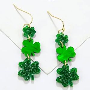 St Patrick’s Day sparkling glitter triple clover green hook earrings gold tone
